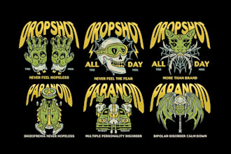 create a retro alien skeleton strong logo with vintage t shirt illustration