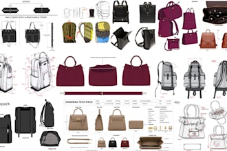 create bag design, handbags backpack, wallets, and make a tech pack