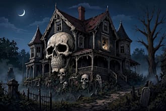 draw dark art, horror, halloween, haunted house or skull illustration