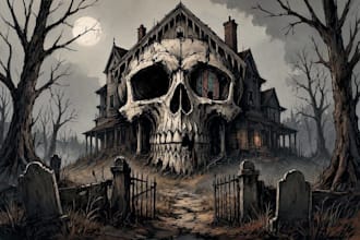 draw dark art, horror, haunted house or skull llustration