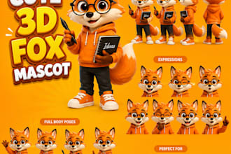 design cute 3d fox mascot for gaming brand logo and twitch