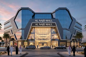 redesign shopping mall exterior,commercial complex interior render, mall atrium