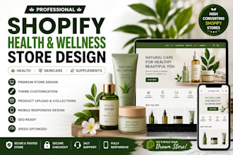 design a shopify health, wellness store, supplement, skin care ecommerce store
