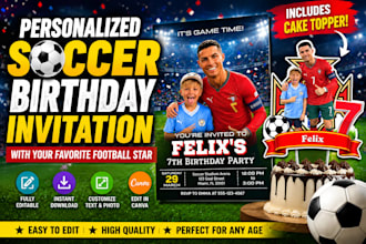 create a personalized soccer birthday invitation template with cake topper