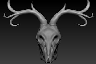 sculpt3d mythical creature,stag skull model,grey matcap render,3d printable file