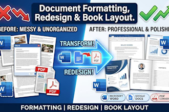 format ms word documents, redesign pdf, and layout books