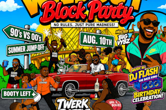 draw an urban style cartoon flyer and poster illustration design