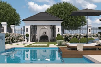 do 3d fire pit design, 3d balcony, backyard, patio pool, 3d landscape design