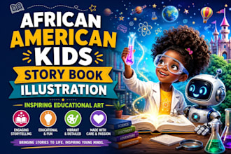 african american kids story book illustration, children story book cover design