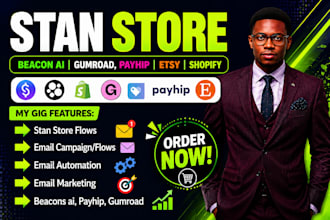 setup stan store, beacon ai, gumroad, payhip, etsy, stan store marketing sales