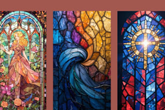create stained glass art, mosaic illustrations, fantasy, pet and logo designs