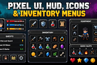 design pixel UI,pixel hud, icons and inventory menus