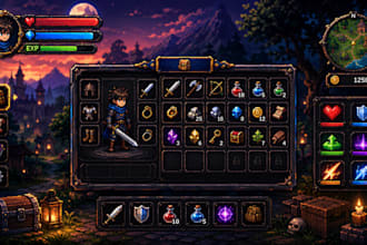 design pixel UI,pixel hud, icons and inventory menus