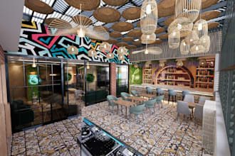 expand rooftop food space, thatched roof seating,kitchen area,lounge zone render