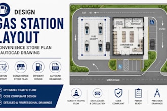design gas station layoout, convenience store plan autocad drawing
