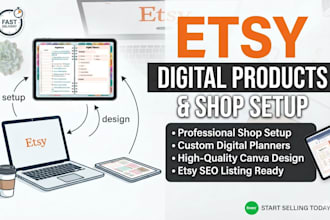 design etsy digital products and setup etsy store with digital planners, esty