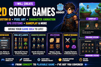 design and build 2d godot game prototypes with UI, assets , animations mechanics
