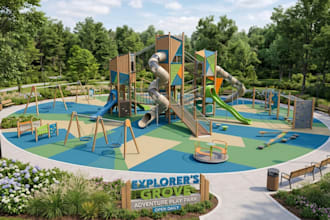 create realistic 3d kids park, playground, theme park, amusement park renders