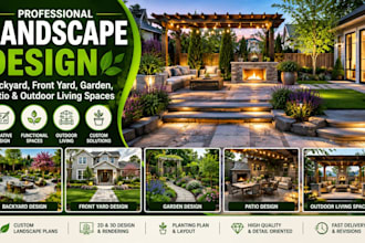 design landscape backyard, front yard, garden, patio, and outdoor living spaces