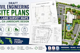 draft civil engineering site plans and land survey maps, fl, ca landscape design