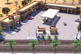refined 3d gas, petrol,fire station layout design, commercial environment render