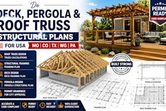 do deck, pergola and roof truss structural plans for USA mo co tx wg  pa