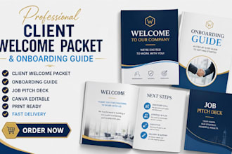 design client welcome packet, onboarding guide, job pitch deck and event booklet