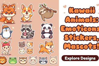 design cute kawaii animal emoticons, stickers, mascots