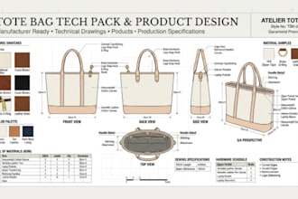design tote bag, handbag, backpack tech pack for manufacturing