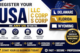 register llc, c corp, s corp in usa, florida, delaware and wyoming