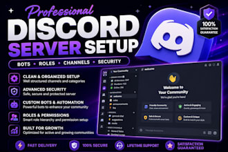 create a professional discord server setup with bots, channels within 12 hours