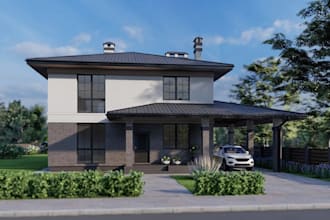 remodel building exterior, render front elevation, suburban residence cgi, revit