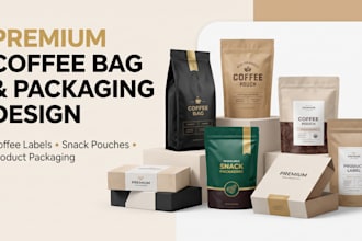 design premium coffee bag label, product packaging, snack pouch and bag design