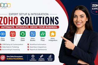 setup zoho CRM, zoho one, zoho desk, zoho books, zoho flow and zoho integration