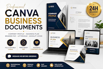 do canva company profile, letterhead, branded PDF, booklet cover business plan