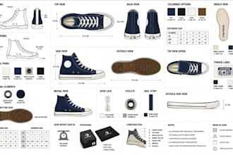 create shoe tech pack, footwear design, sneaker design for manufacturing