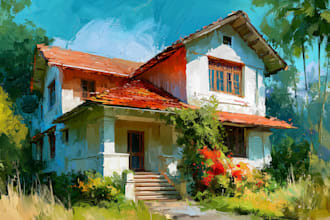 create realistic house and building in digital oil painting
