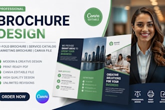 design bifold brochure, service catalog, marketing brochure, canva file