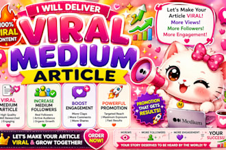 deliver viral medium article, increase medium followers and engagement,promotion