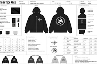 create factory ready streetwear hoodie tech pack with flat sketch for production