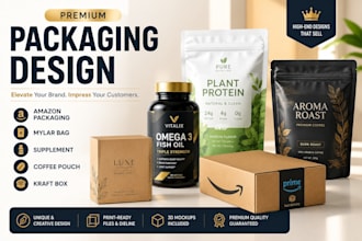 design amazon packaging, mylar bag, coffee pouch, kraft box, gift box design