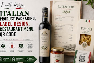 design italian product packaging design, label design, restaurant menu, qr code