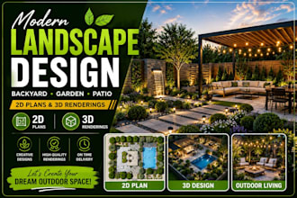 design modern landscape, backyard, garden and patio in 2d