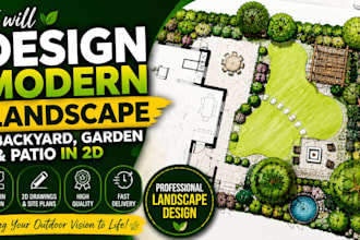 design modern landscape, backyard, garden and patio in 2d