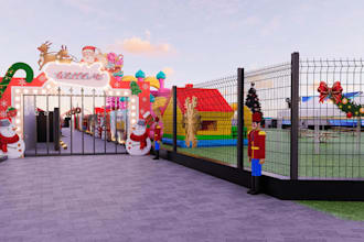 restyle 3d festive outdoor event,christmas gate rendering, winter santas display