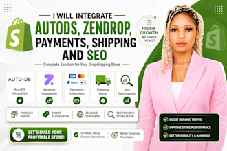 set up shopify with autods, zendrop, payments, shipping and SEO