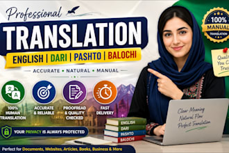 translate english, dari, pashto and balochi manually