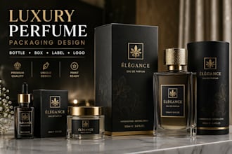 design luxury perfume fragrance, cosmetic packaging bottle box, label, and logo