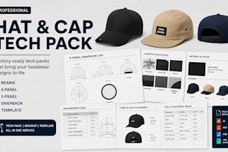 create professional hat cap tech pack, mockup and production template