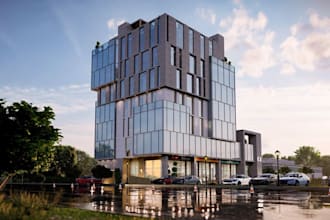 redesign multi story commercial building,glass curtain wall,facade design,3d cgi